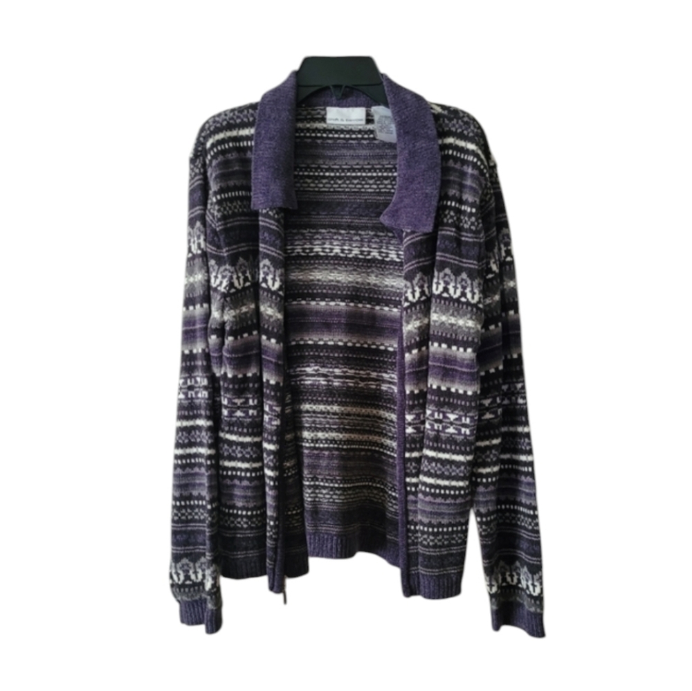 Croft & Barrow Super Soft Purple Gray Fair Isle Striped Zip Up Cardigan Size XS